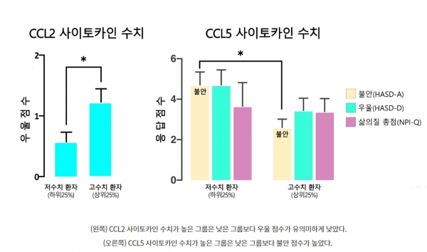 (왼쪽) CCL2 사이토카인 수치가 높은 그룹은 낮은 그룹보다 우울 점수가 유의미하게 낮았다. (오른쪽) CCL5 사이토카인 수치가 높은 그룹은 낮은 그룹보다 불안 점수가 높았다.  ⓒ 서울대병원 