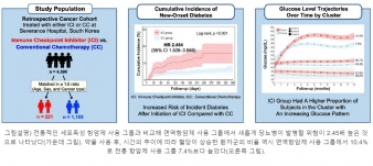 전통적인 세포독성 항암제 사용 그룹과 비교해 면역항암제 사용 그룹에서 새롭게 당뇨병이 발병할 위험이 2.45배 높은 것으로 나타났다(가운데 그림). 약물 사용 후, 시간의 추이에 따라 혈당이 상승한 환자군의 비율 역시 면역항암제 사용 그룹에서 10.4%로 전통 항암제 사용 그룹 7.4%보다 높았다(오른쪽 그림).