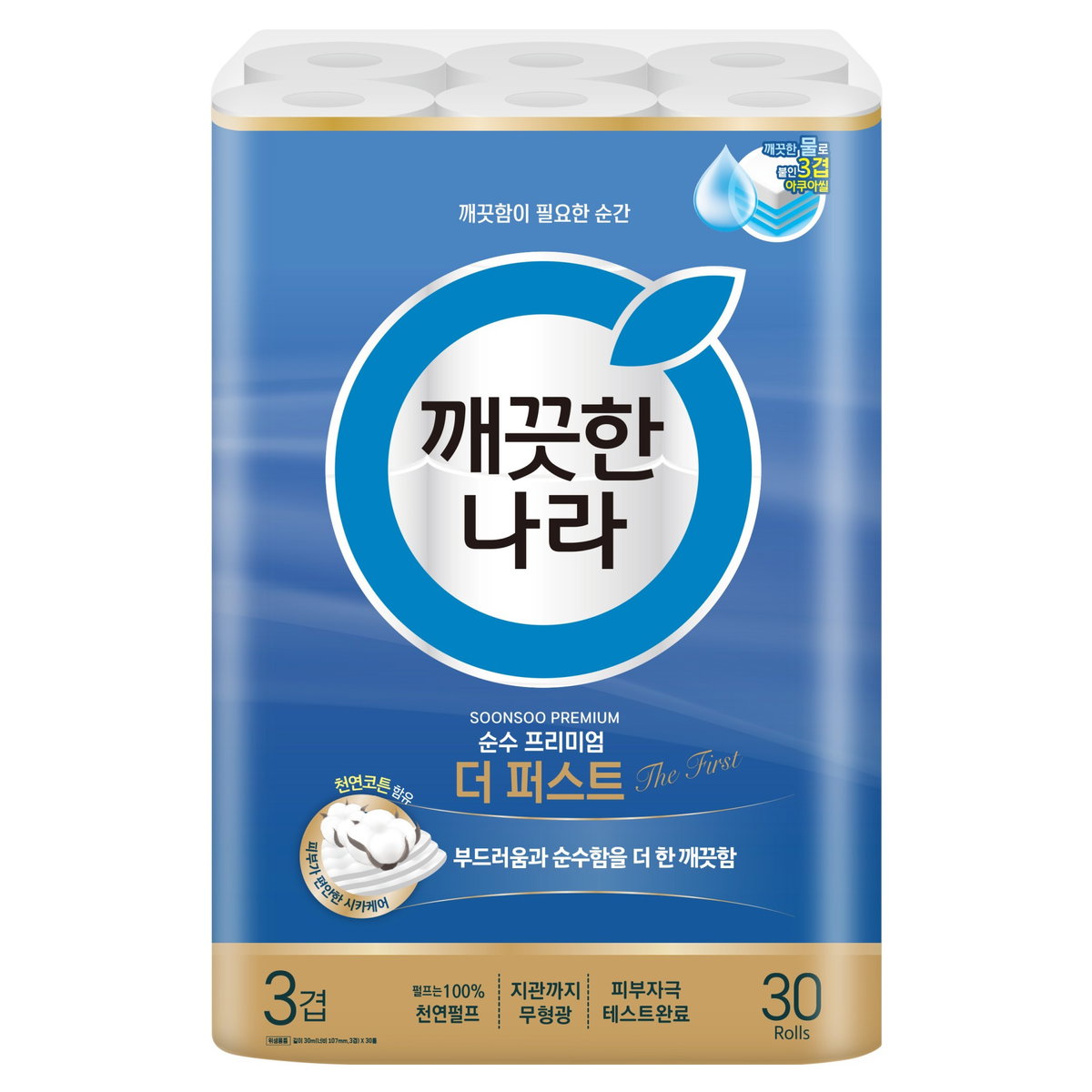 깨끗한나라 순수 프리미엄 더 퍼스트 천연펄프 3겹 고급롤화장지, 30m, 30개입, 1개