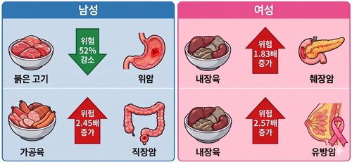 육류 '종류' 암 사망 좌우… 남성 위암 ↓, 여성 유방암 ↑