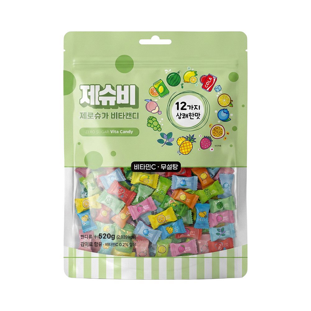 제슈비 제로슈가 비타캔디 12가지맛 무설탕 과일 사탕 지퍼백, 1개, 520g