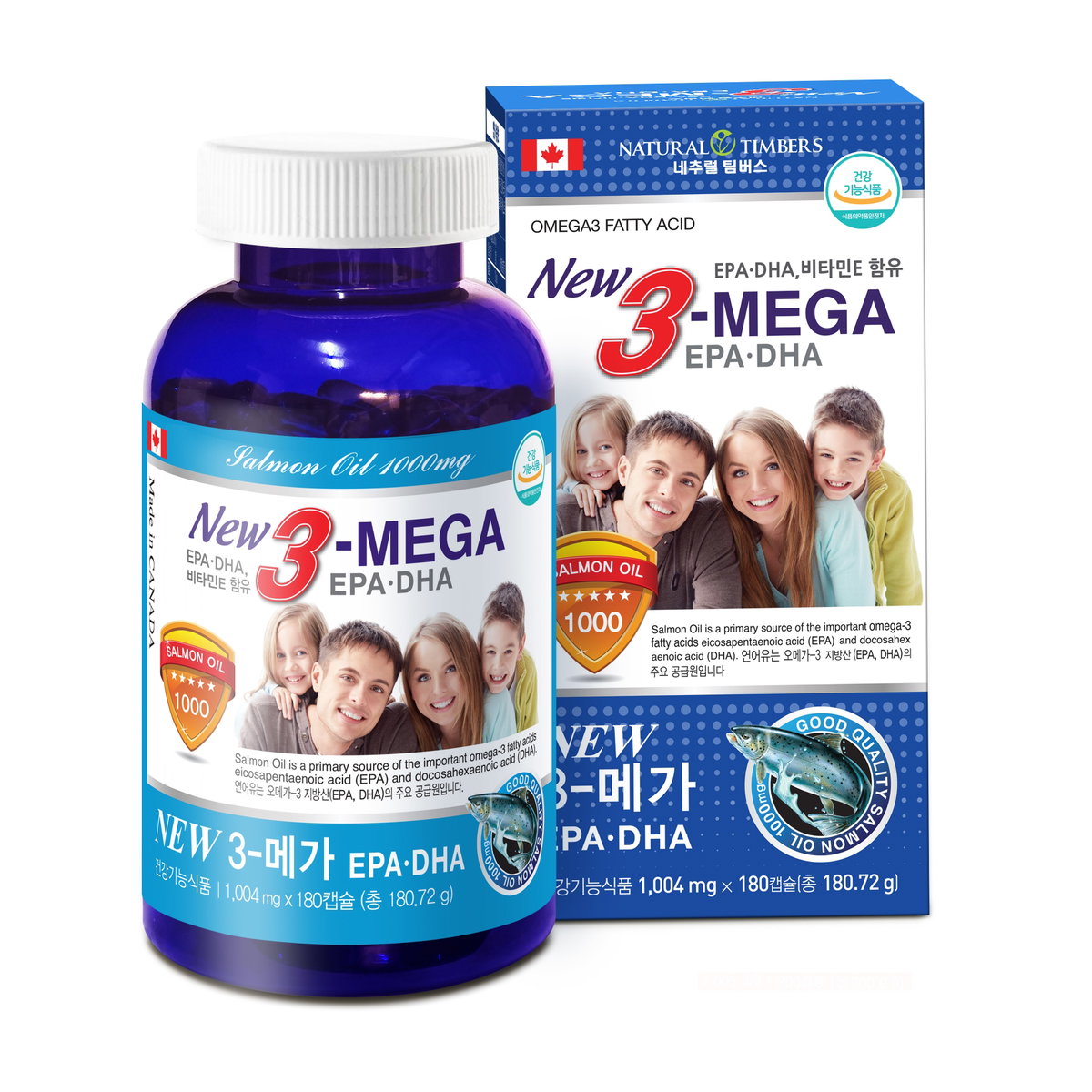 프리미엄 캐나다 연어오일 99.9% 오메가3 New3-MEGA EPA & DHA 비타민E 함유 180캡슐