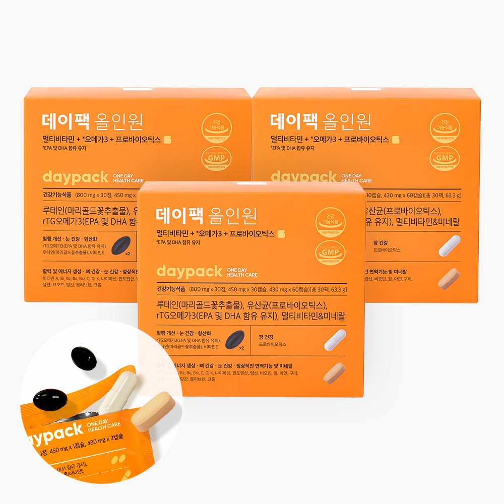 데이팩 올인원 유산균 오메가3 루테인 멀티비타민 미네랄, 30회분, 3개